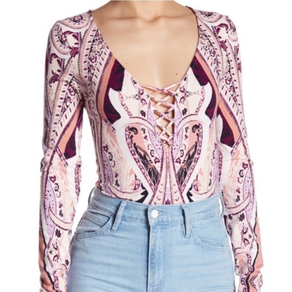 Free People colorful geometric print long-sleeved thong bodysuit, size medium.